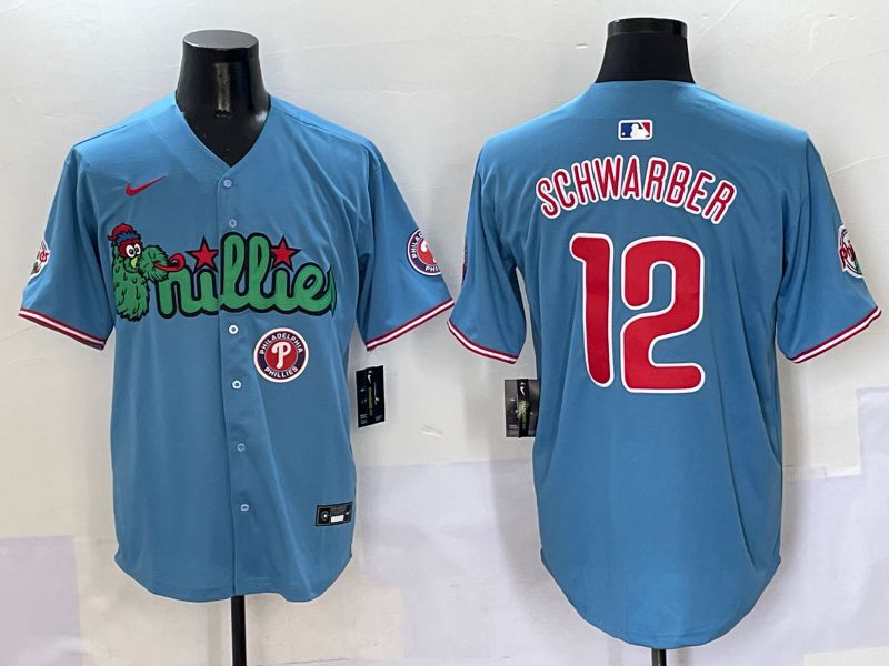 Men Philadelphia Phillies #12 Schwarber Light Blue three generations Joint Name Nike 2025 MLB Jersey style 7